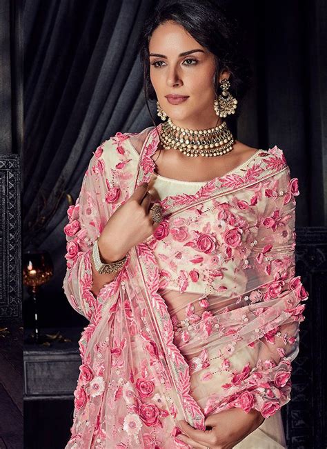 Pink And Off White Floral Saree Features A Net Saree Embellished With Pearls And Handwork