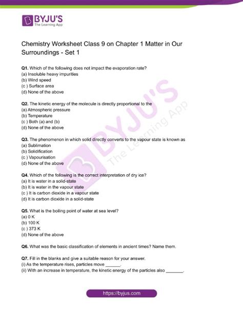 Class Chemistry Worksheet On Chapter Matter In Our Surroundings Set