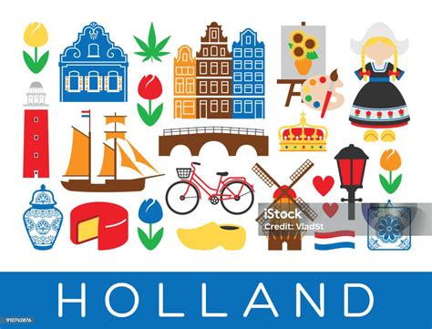 Dutch Travel Icons Holland Landmarks Amsterdam Netherlands Stock