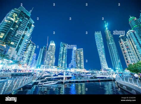 Dubai Marina Night Skyline Buildings And River United Arab Emirates
