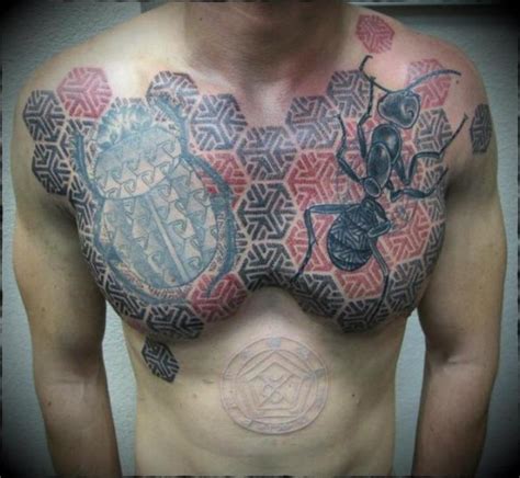 It signifies good luck, growth, positivity, and power. Chest Scrabble Dotwork Ant Tattoo by Ivan Hack