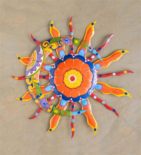 Ceramic mexican tile are used to beautify residential and commercial spaces, be it the kitchen backdrop or the exterior walls of the building. Talavera Sun and Moon Painted Metal Wall Art | Wall Art ...