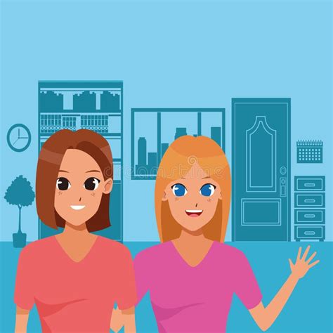 Two Young Women Friends Smiling Cartoons Stock Vector Illustration Of