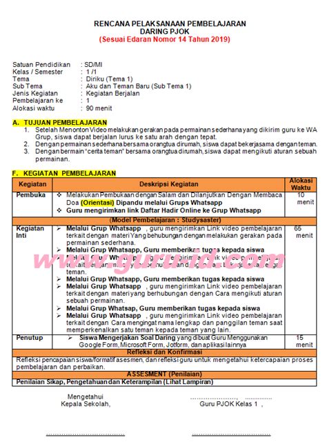 Contoh rpp 1 lembar mode daring kelas iv (4) sd/mi tahun 2020. rpp daring PJOK kelas 1 SD Semester Ganjil Format Selembar ...