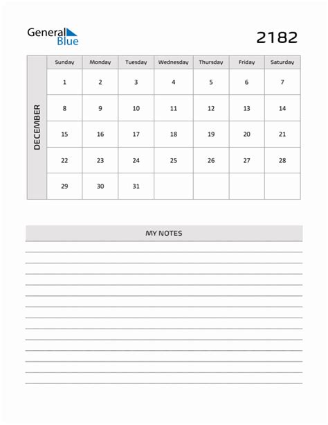 December 2182 Monthly Calendar Pdf Word Excel