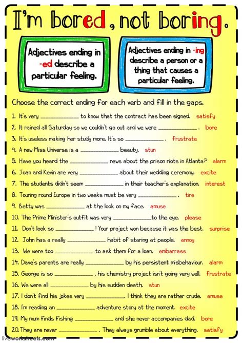 Adjectives Ending In Ed And Ing Worksheets
