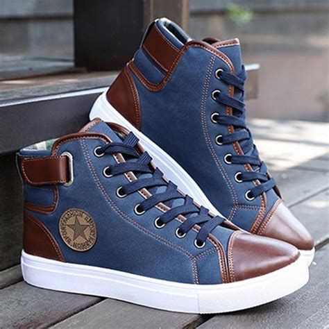 Fashion Men Oxfords Casual High Top Shoes Leather Shoes Lace Up Canvas
