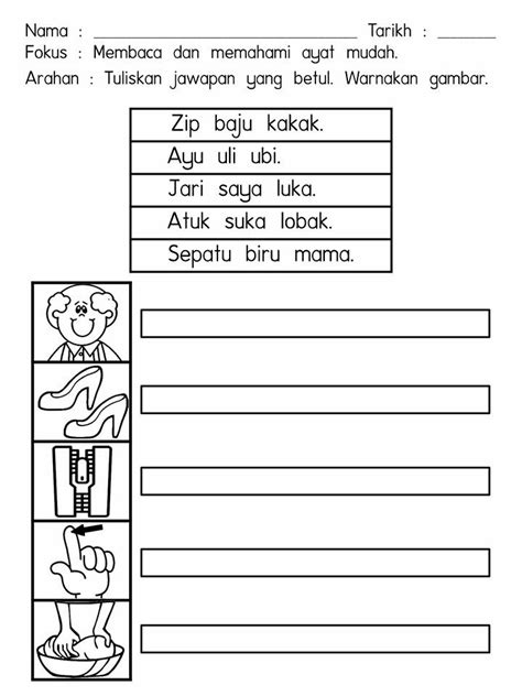 Lembaran Kerja Prasekolah Bahasa Melayu Menulis Ayat Mudah Suku Kata