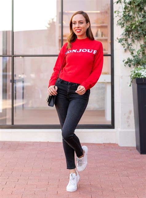 sydne style shows casual outfit ideas in red sweater and sanctuary skinny jeans sydne style