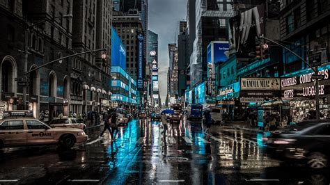 2048x1152 New York City Street Reflection Motion Blur Dark