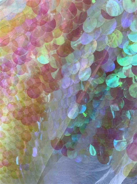 20mm Pink Iridescent Dangled Sequins Fabric Sold By Yard On White Mesh