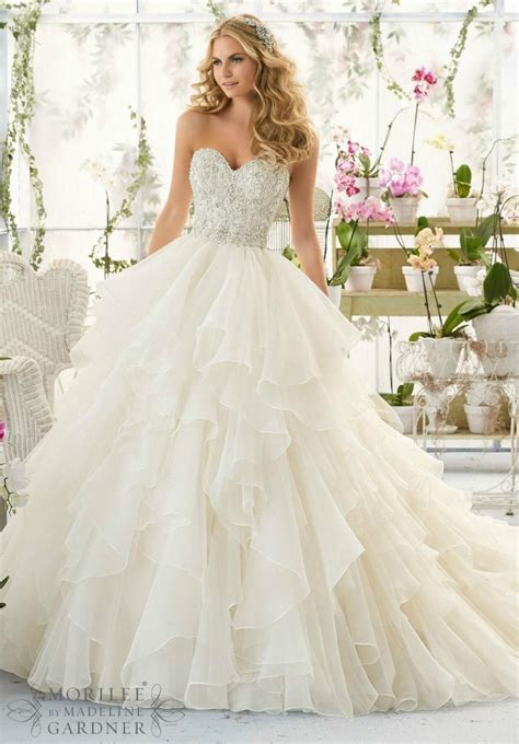 gorgeous cascading ruffle white wedding dresses with beads sequins a line organza tiers 2016