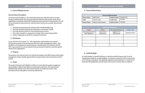 Iso 9001 Qms Internal Audit Checklist Word Template Iso Templates And