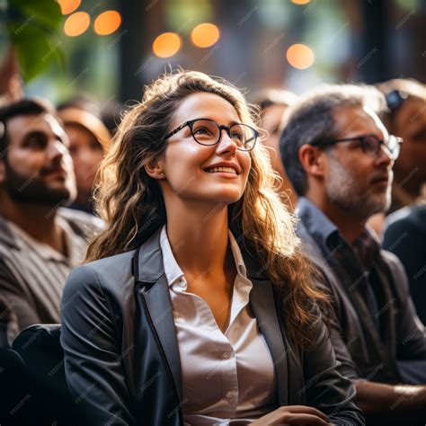 Premium Ai Image A Woman Wearing Square Rimmed Glasses Sitting With Group Of People Listening