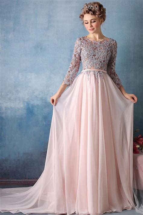 Three Quarter Sleeve Blush Pink Chiffon Lace Beaded Evening Dress With