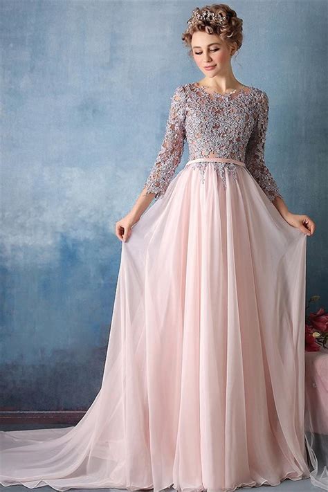 Three Quarter Sleeve Blush Pink Chiffon Lace Beaded Evening Dress With Train