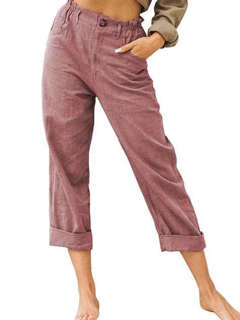 Womens Cotton Linen Elastic Loose Fit Casual Trousers Cropped Pants Plus Size Walmart Canada