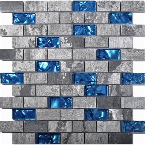 Ocean Blue Glass Tile Backsplash Grey Marble Mosaic Wave Patterns 1 X