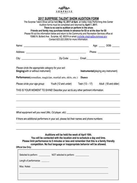 Surprise Talent Show Audition Form Fill Out And Sign Printable Pdf
