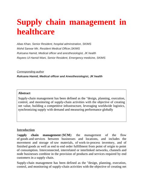 Pdf Supply Chain Management In Healthcare