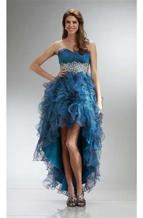 Graceful Strapless High Low Teal Organza Ruffle Beaded Prom Dress