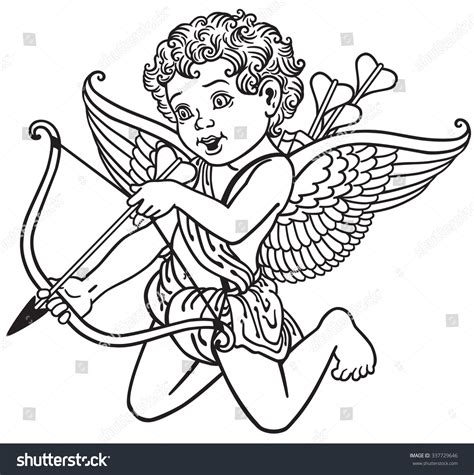 Cartoon Cupid Angel Shooting Arrow Black And White