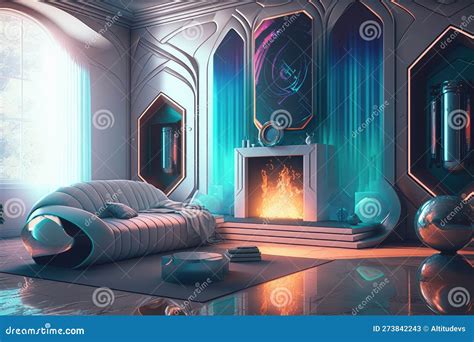 Sci Fi Futuristic Living Room With Holographic Fireplace And Floating