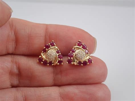 Ruby And Diamond Stud Earrings Cluster Studs Yellow Gold July Etsy