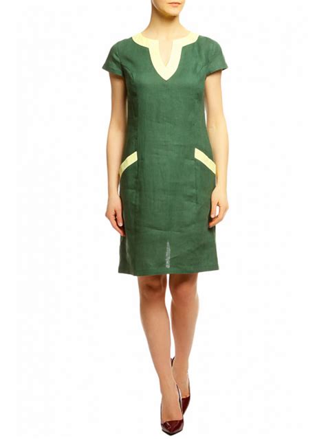 Купить короткое зелёное платье из льна в интернет магазине Gabriela