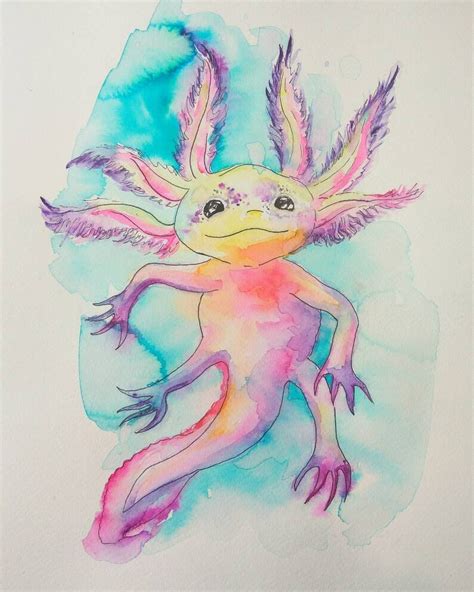 Baby Axolotl Original Watercolor Painting Cute Wall Art For
