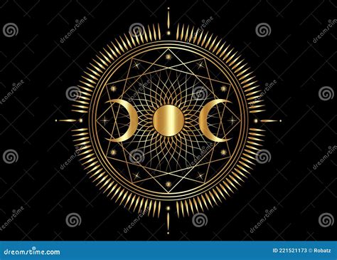 Gold Triple Moon Mystic Icon Sacred Geometry Wicca Sign Radial Rays