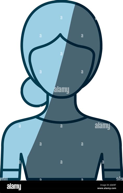 Blue Color Shading Silhouette Faceless Half Body Woman With Bun Collected Hairstyle Stock Vector