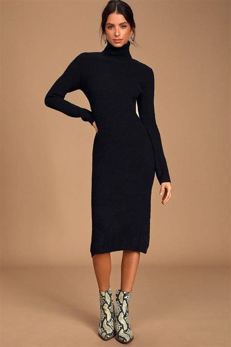 Sheerah Black Turtleneck Midi Sweater Dress In 2020 Black Turtleneck