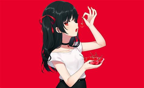 Online Crop Hd Wallpaper Anime Girl Cherry Eating Fruits Black