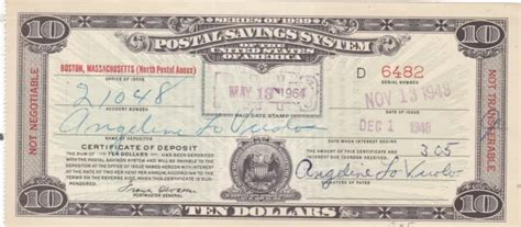 10 Series Of 1939 Postal Savings System Certificate Paid Boston Ma