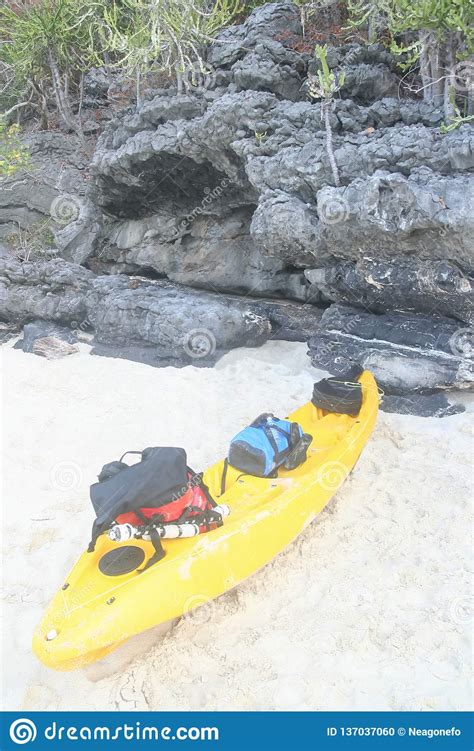 Kayaking With Camping Supplies On The Beach At Archipelago Island Stock