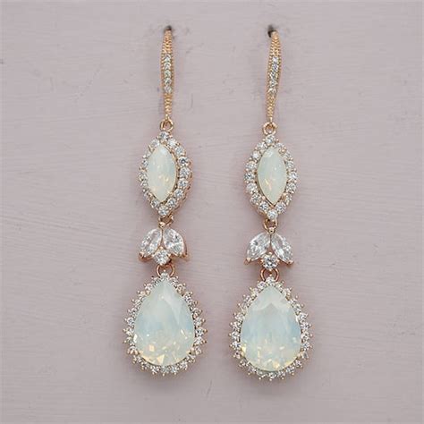 Opal Bridal Jewelry White Opal Earrings Crystal Drop Earrings Etsy