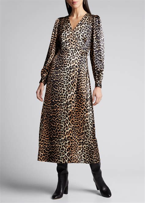 Ganni Stretch Satin Leopard Print Wrap Dress Bergdorf Goodman
