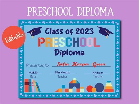 Editable Preschool Diploma Printable Diploma Template Etsy