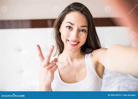 Beauty Girl Taking Selfie From Phone In The Morning In Bed At Home Stock Image Image Of Lady