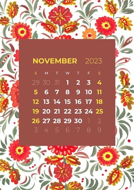 Ilustración De Calendario Mensual De 2023 Años De Flores Y Hojas Flor