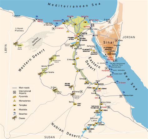 The physical map of egypt showing major geographical features like elevations, mountain ranges, deserts, seas, lakes, plateaus. Egypt Travel News: Egypt Travel