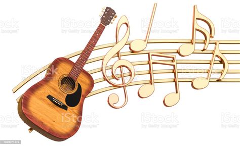 Musical Concept Wooden Guitar With Music Notes 3d Rendering Isolated On