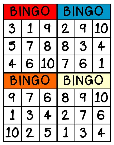 Cartelas De Bingo Com Os Números Até 10 Para A Educação Infantil