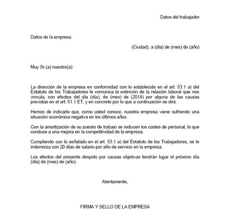 Carta De Despido Objetivo Por Cierre De Empresa Y Soalan