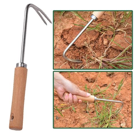 Stainless Steel Weeder Garden Manual Root Puller Gardening Fork With Natural Wood Handle For