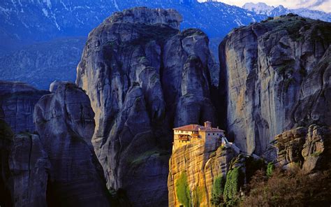 1920x1200 Monastery Mountain Cliff Rock Greece Sunlight Nature