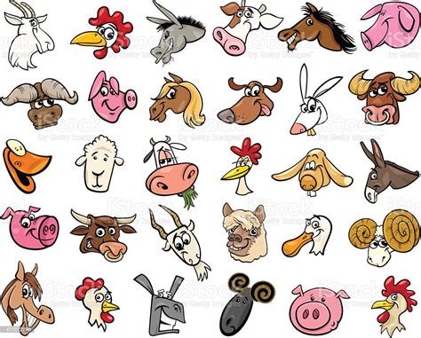 Bauernhof Tiere Comic Heads Big Set Stock Vektor Art Und Mehr Bilder