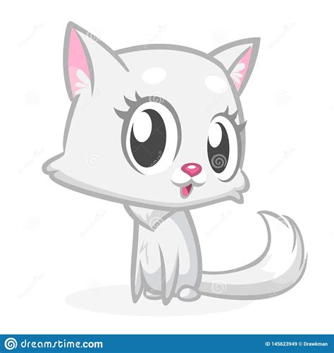 Pretty White Cat Cartoon With Fluffy Tail Stock Vector