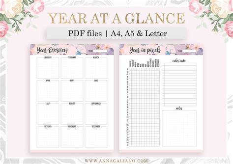 Year At A Glance Year Overview Year In Pixels Printable A5 Etsy